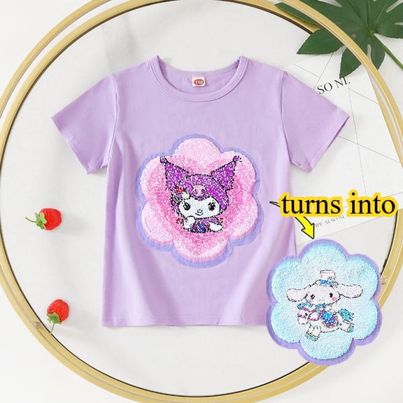 Girls Flip Sequin Short Sleeve T-Shirt, Reversible Sparkly Cartoon Graphic Crew Neck Cotton Tee, Summer Casual Tops for Little & Big Girls