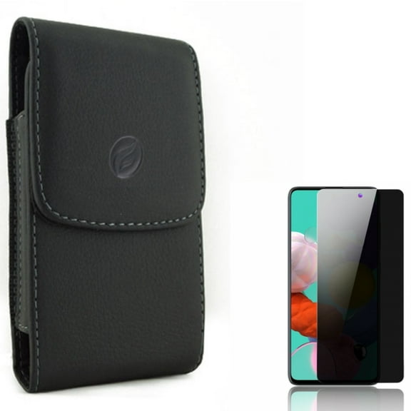 Case Belt Clip & Privacy Screen Protector for Samsung Galaxy A51 5G - Combo with Leather Holster Cover Pouch & Tempered Glass Anti-Spy Anti-Peep 3D Edge