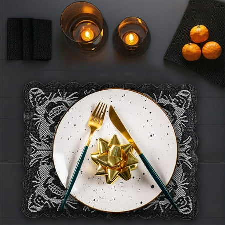 

BLNVKOP Halloween Decorations Halloween Table Mat Kitchen Outdoor Decoration Halloween Knitted Black Placemat Lace