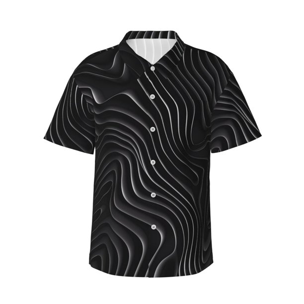 Balery Abstract Black And White Waves Camisas hawaianas de manga corta para hombre, camisas playeras de corte holgado, camisas de vacaciones con botones,Large