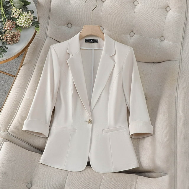 Pisexur Manteau d'Hiver pour Femmes Mode Décontractée Couleur Unie Poche Col Rabattu Blouse Blazer à Manches 3/4 Beige,2TG
