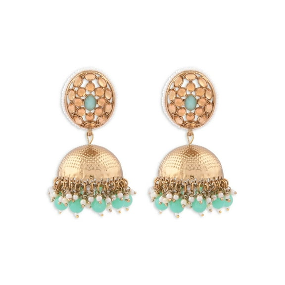 Efulgenz Indian Bridal Jhumka Earrings Green Crystal Kundan Dangling Earrings Faux Pearl Beaded Big Jhumka Jhumki Wedding Earrings Set Indian Jewelry for Women