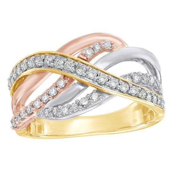 White Natural Diamond Woven Crossover Ring in 10K Tri-Tone Solid Gold