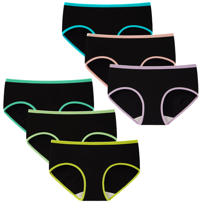 INNERSY Teen Girls Underwear Cotton Briefs Black Girls Panties 6 Pack  (M(10-12 yrs), Black With Neon Hem) 