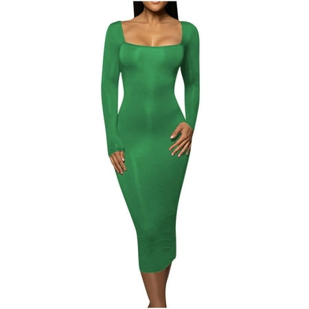 

Womens Slim Fit Long Sleeve Square Neck Ribbed Corset Long Dress 2023 Spring Summer Solid Color Formal Maxi Dress