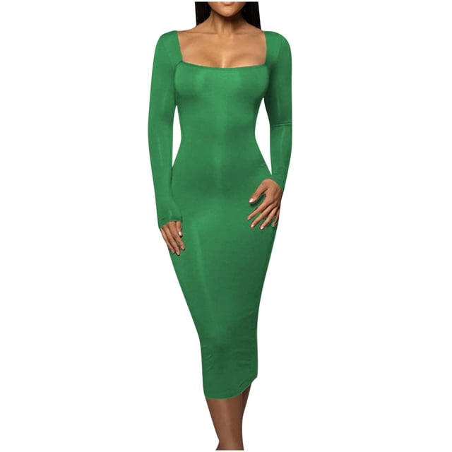 Lovzfmll Robe Polyvalente à Encolure Carrée pour Femmes, Couleur Unie, Mode Ajustée avec Découpe, Verte, G