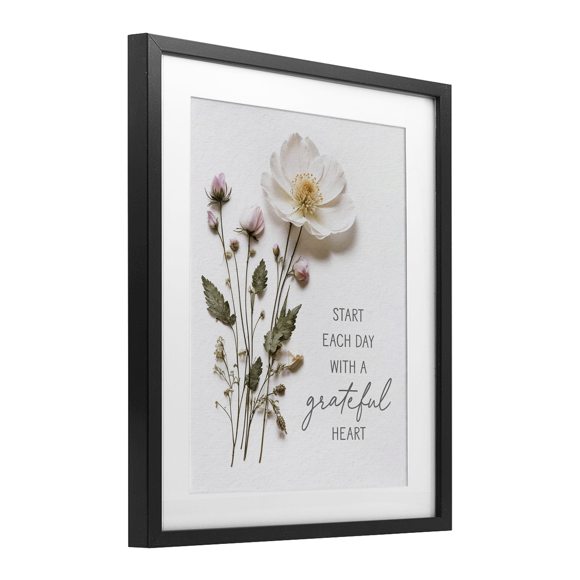 Grateful Heart Pressed Flowers Black Framed Print Under Glass, design by Lettered and Lined