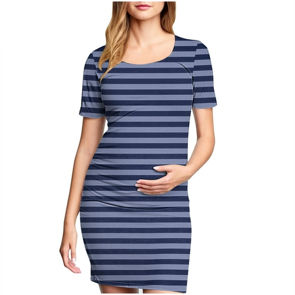 Zwiiyzr 2025 Women's Maternity Dress Striped Slim Short Sleeve Tank Dresses Scoop Neck Pregnancy Bodycon Dress for Casual Wear Gray
