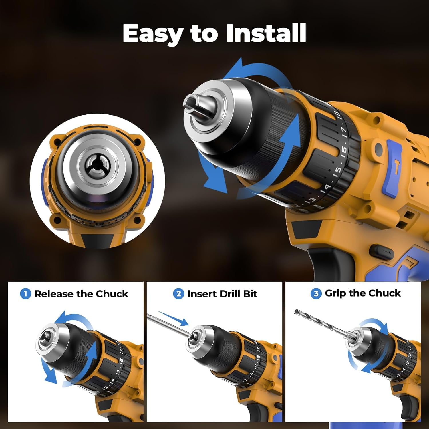 Cordless Drill Compatible with Dewalt 20V Max Battery(No Battery), Electric Hammer Drill with Brushless Motor, 1/2" Keyless Metal Chuck,4pcs Bit Drill Set for Drilling Brick Wall, Metal, Wood, Screws