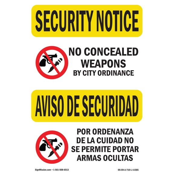 OSHA SECURITY NOTICE Sign - No Concealed Weapons Bilingual | Plastic Sign | Protect Your Business, Work Site, Warehouse & Shop Area | Made in the USA