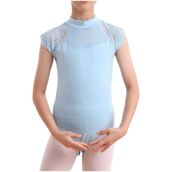 CYRBOKO Girl's Dancewear Leotards 2025, Stretchy Performance Training Short Sleeve Ballerina Dancewear Light Blue Size 7-8 T