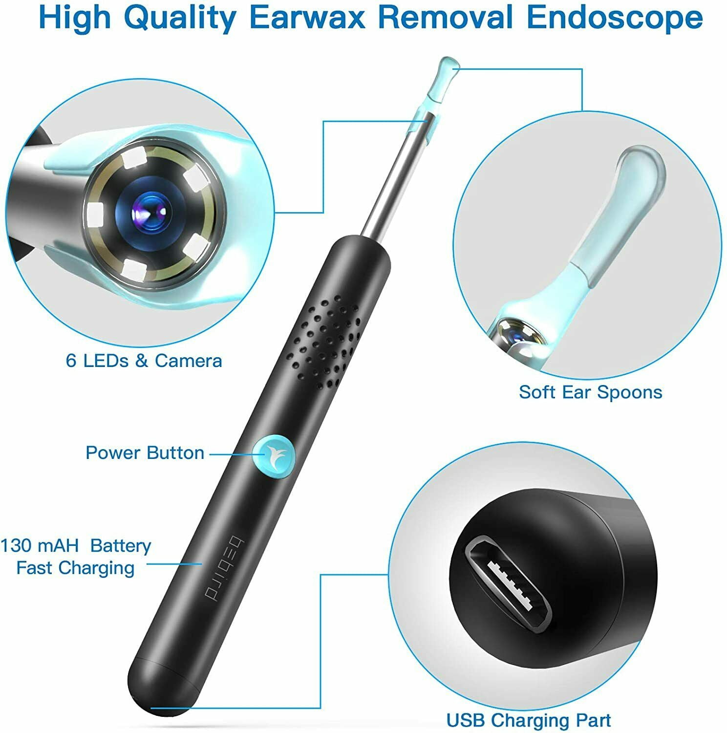 Bebird R1 Ear Cleaner Ear Wax with 3.0 MP Camera Ear Pick 1080P HD, Wireless Remover Tool with 6 LED Lights: Ear Cleaning Tool with 130 mAh Battery for IOS & Android Phone, Black