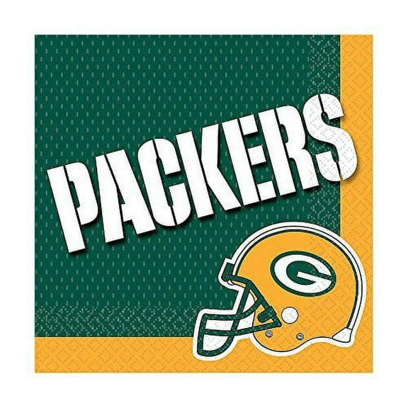 amscan Green Bay Packers Football 13" Square Paper Luncheon Napkins, 16 CT, Green Yellow White