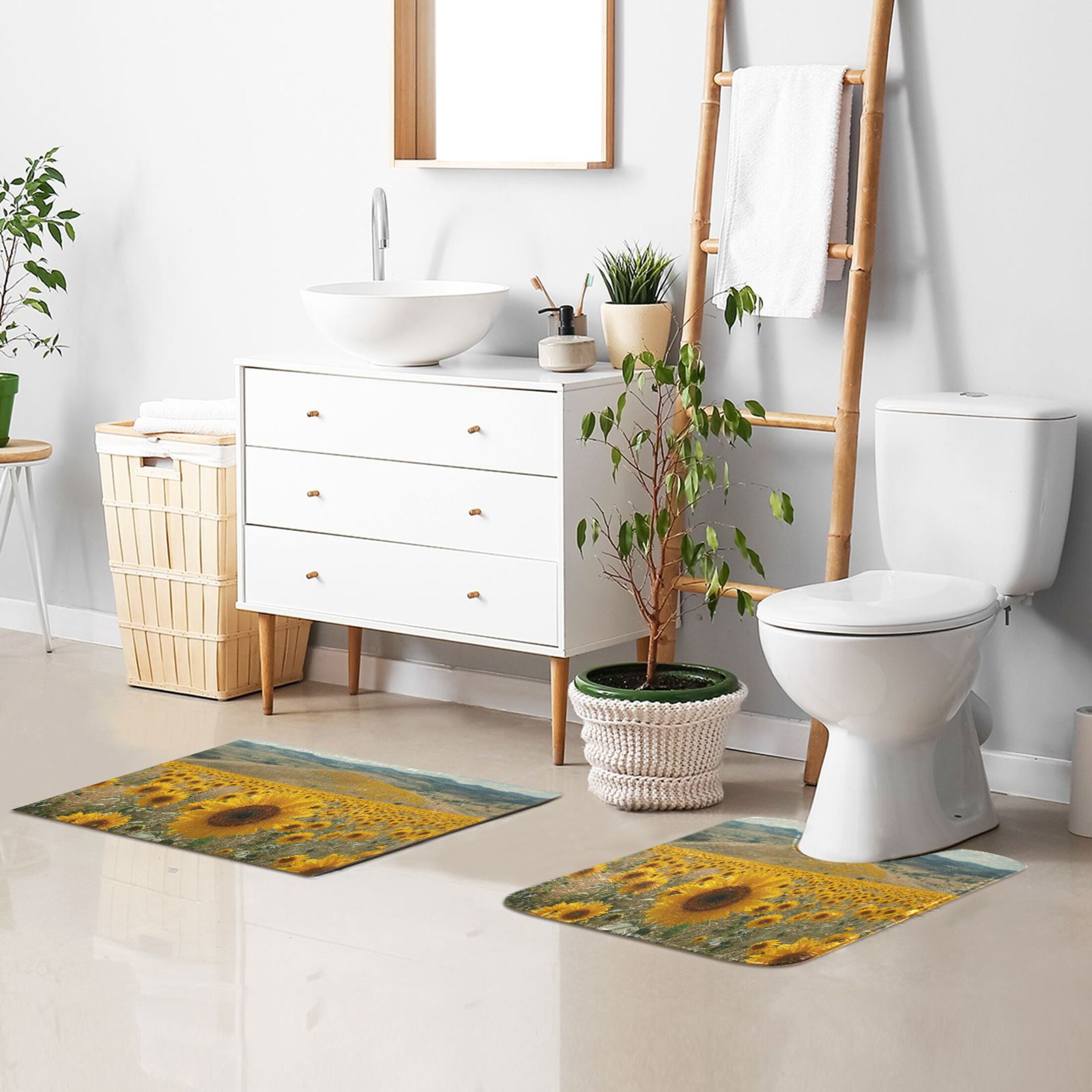 Toilet Rug Set Non-Slip Bathroom Rugs Soft Plush Machine Washable Contour Bath Mat Sunflower Sea 24x20/24x16