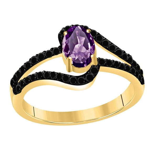 AoneJewelry 1.45 Ct. Amethyst Black Diamond Ring Crafted In 10k Rose, White & Yellow Gold
