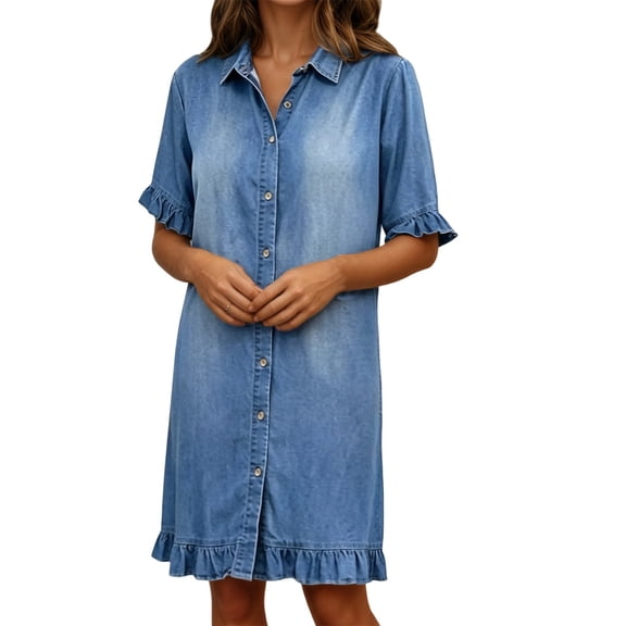 Women Summer Dress Casual Ruffle Denim Shirt Dress Flowy Midi Length Belted Style With Collared Neckline Dress