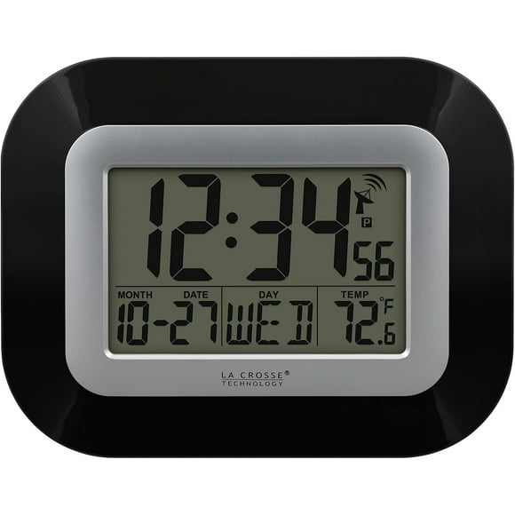 ERDS-WT-8005U-B Atomic Digital Wall Clock with Indoor Temperature, Black