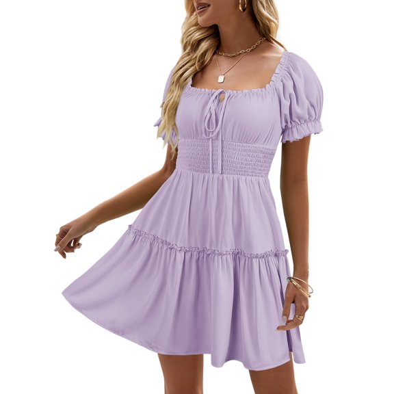 Womens Smocked Square Neck Boho Floral Short Sleeve Ruffle Beach Summer Mini Dress