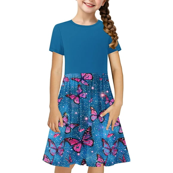 Girls Short Sleeve Dresses Skater Twirly Stretch A-Line Toddler Casual Swing Dress