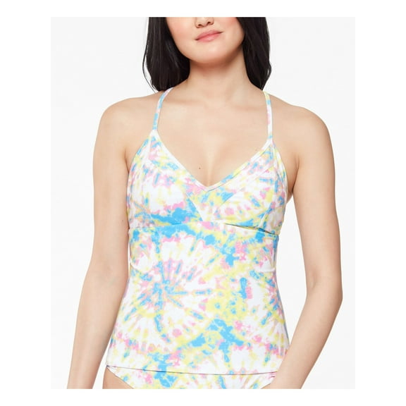 JESSICA SIMPSON Women's Yellow Tie Dye Stretch Cross-Back Removable Cups Deep V Neck Tie Tankini Swimsuit Top XL