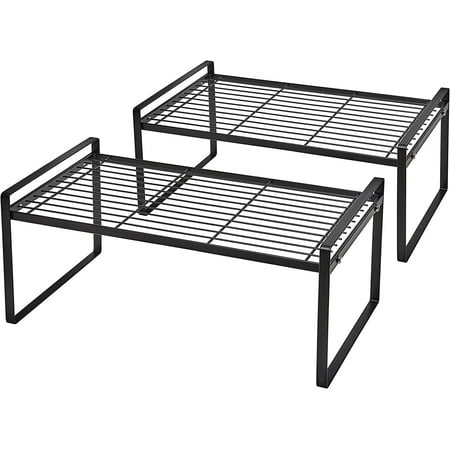 SUNFICON 2 Pack Cabinet Shelf Organizer Storage Rack Space Saving for Kitchen Counter Pantry Bathroom Cupboard Under Sink Office Table Desk Steel Stackable Rust Resistant 20”Black w Connected Hooks