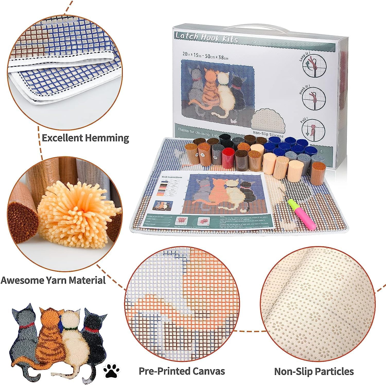Beginner Latch Hook Kits American Flag Set Sofa Cushion Cover Latch Hook Carpet Rug Acrylic Yarn,Pillowcase Craft Kits with Printed Canvas for Starter Kids Adults - 17 x 17 Inch