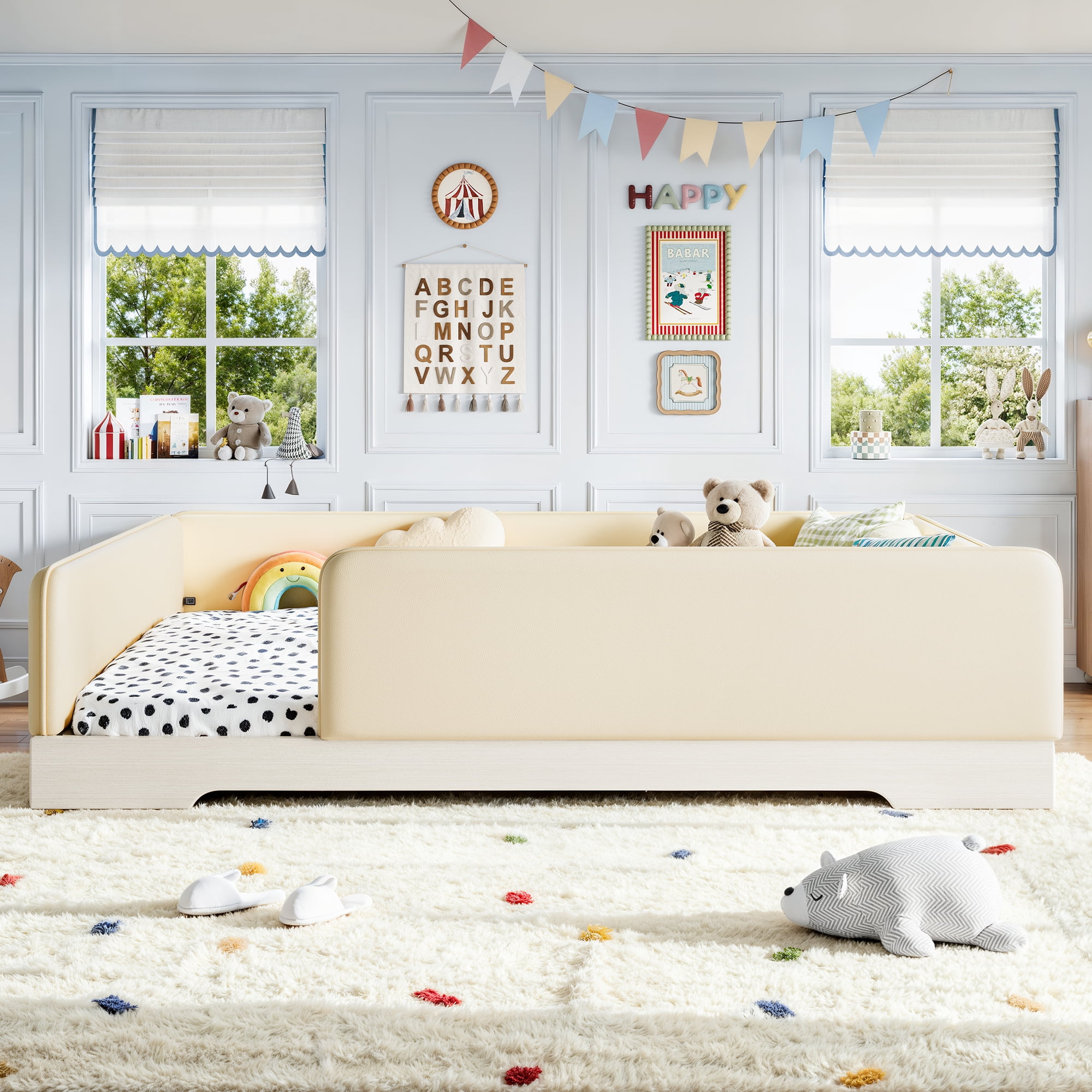Queen Upholstered Floor Bed 82.68 Inch, Faux Leather Montessori Bed with Removable Guardrails, Low Profile Platform Bed for Kids, Beige