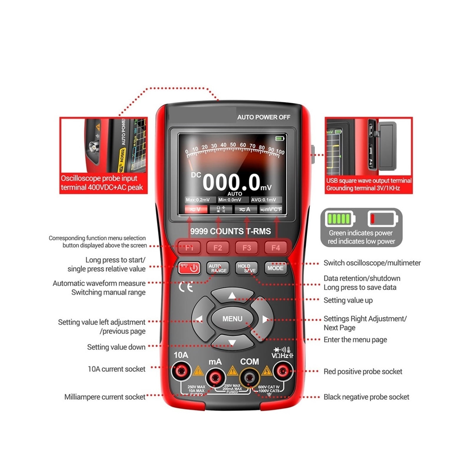 AOS02 Digital Oscilloscope Transistor Test Multimeter 48MS/s Sampling Rate 10MHZ Analog Bandwidth Support Waveform Storage ,Professional Designed