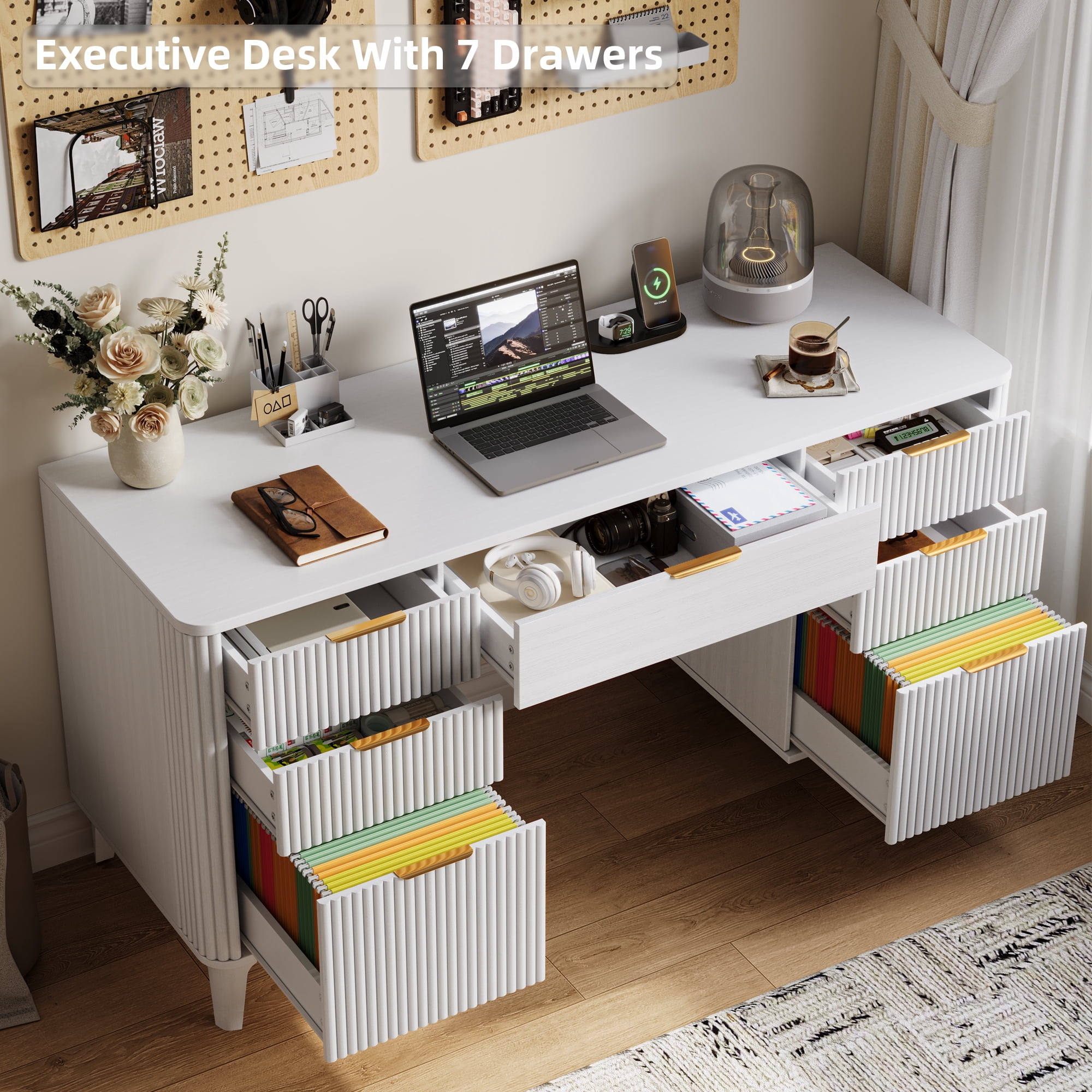 UGTOO White Modern 7-Drawer Desk with Power Strip – Home Office Storage & USB Charging Station (55.1" L x 19.6" W)