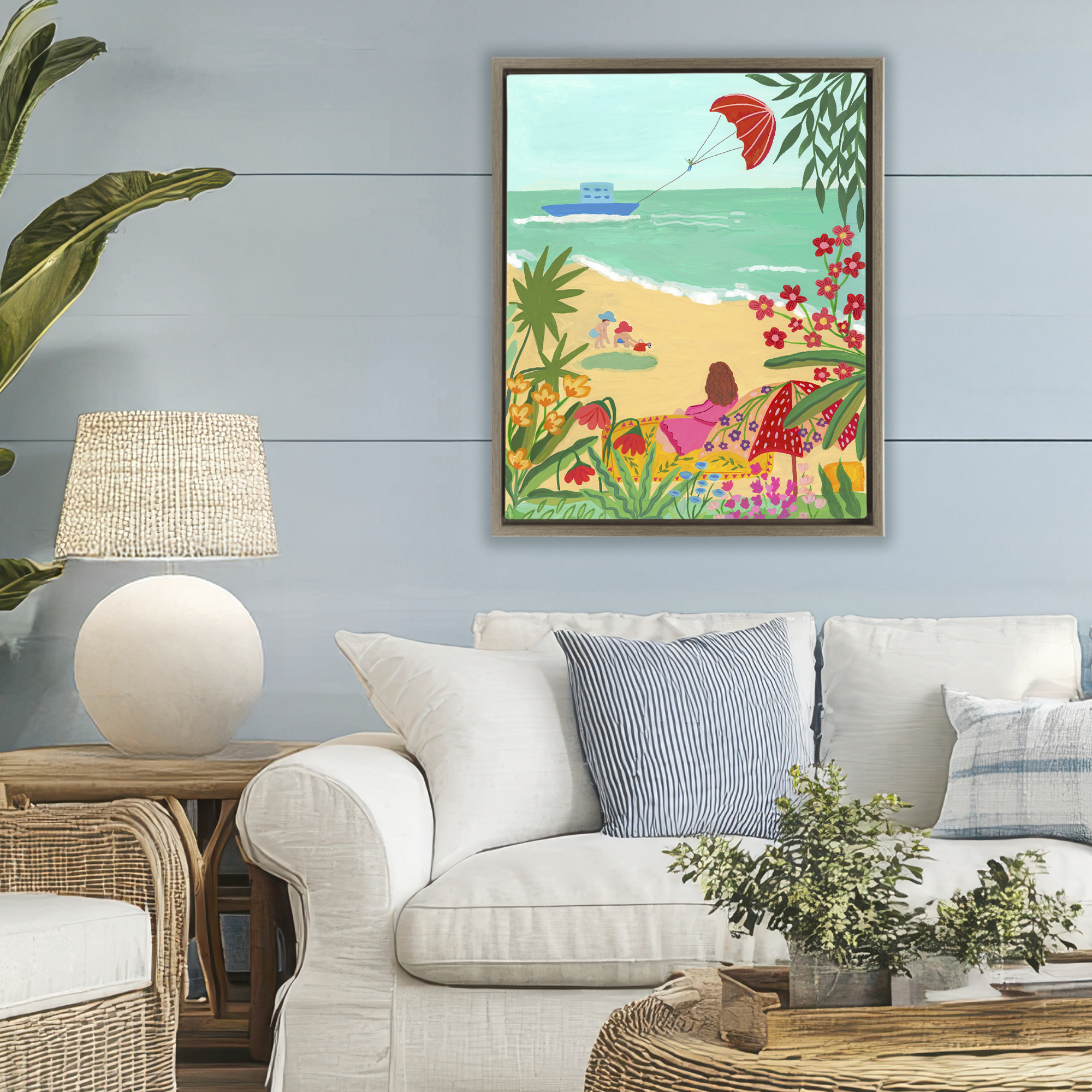 Beach And Flowers View Brown Framed Floater Canvas Wall Art, design by Nabeela Rumi