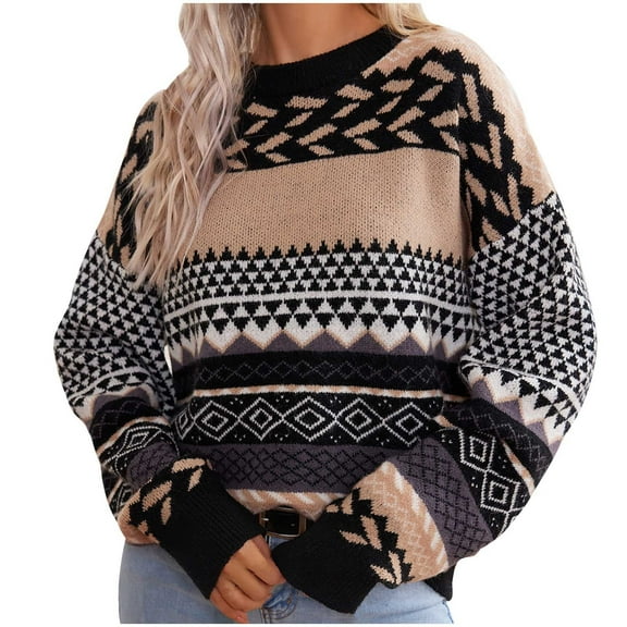 EchfiProm Pullover Sweater Women Graphic Solf Black Fair Isle Long Sleeve Crew Neck Trendy Sweater Top