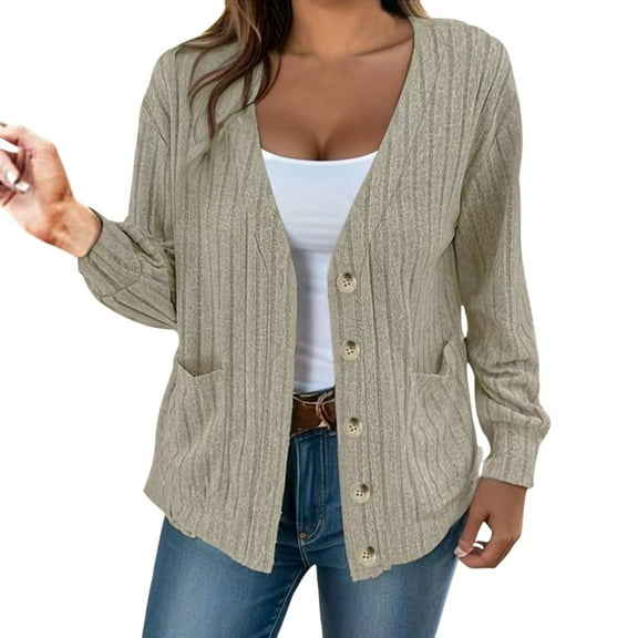 Fiaer Womens Button Down V-Neck Cardigan Sweraters Loose Long Sleeve Solid Color Casual Tops Khaki XL
