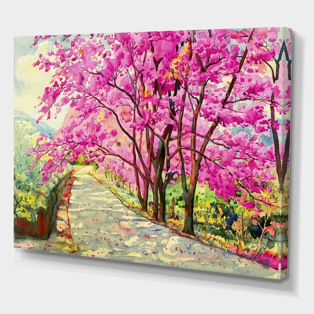 Designart - Cherrry Blossom Lane - Art Mural sur Toile de Ferme