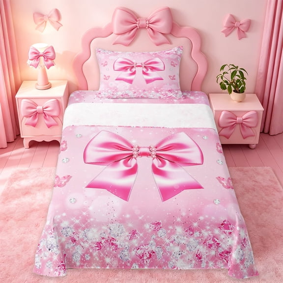 Erosebridal Pink Princess Bowknot Twin Sheet Sets For Girls,3D Glitter Print Diamond Kids Bedding 3 Pieces