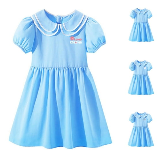 Ugoldhm Girls' Cotton Rabbit Print Peter Pan Collar Dress Pleated, Short Sleeve, Casual Fit for 3-14 Years