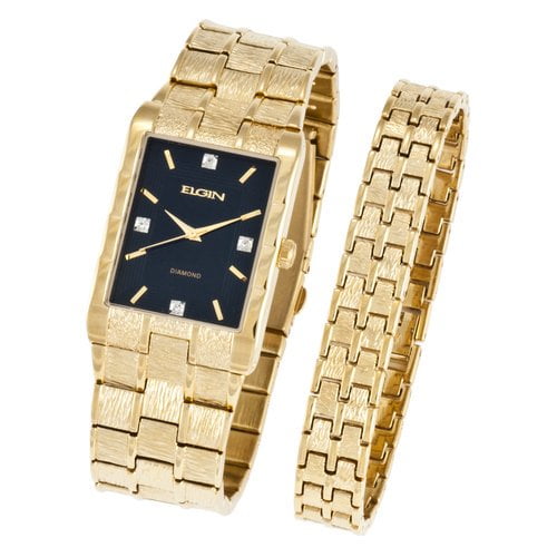 Elgin Adult Men's Analog Wristwatch and Bracelet Set in Gold with 4 Diamonds - FG9031ST