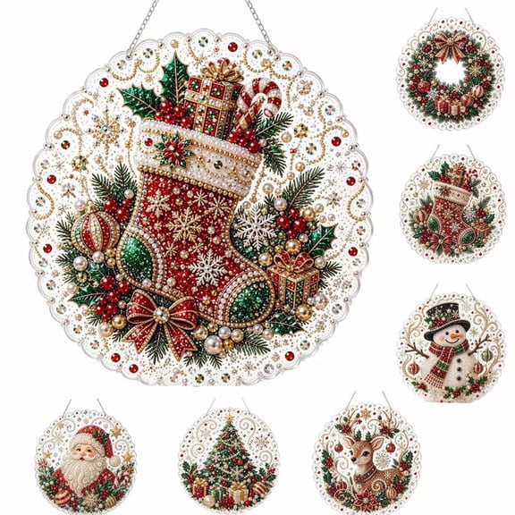 Mivyn Christmas Diamond Art Suncatcher Kit, 3D Pearl Beads Hanging Ornament with Acrylic Round Board, Holiday Window Wall Decor
