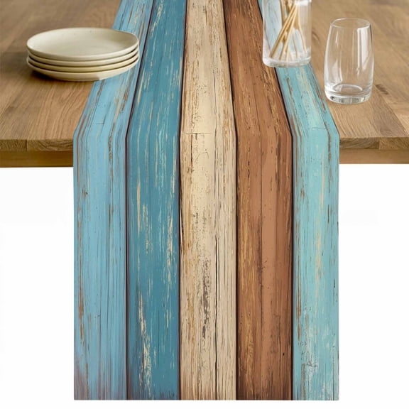 Farmhouse Light Blue Brown Table Runner - 108 Inch Long Vintage Wooden Striped Cotton and Linen Blended Dress Scarves Farmhouse Table Runner for Kitchen Dining, Coffee Table, 13" x 108"