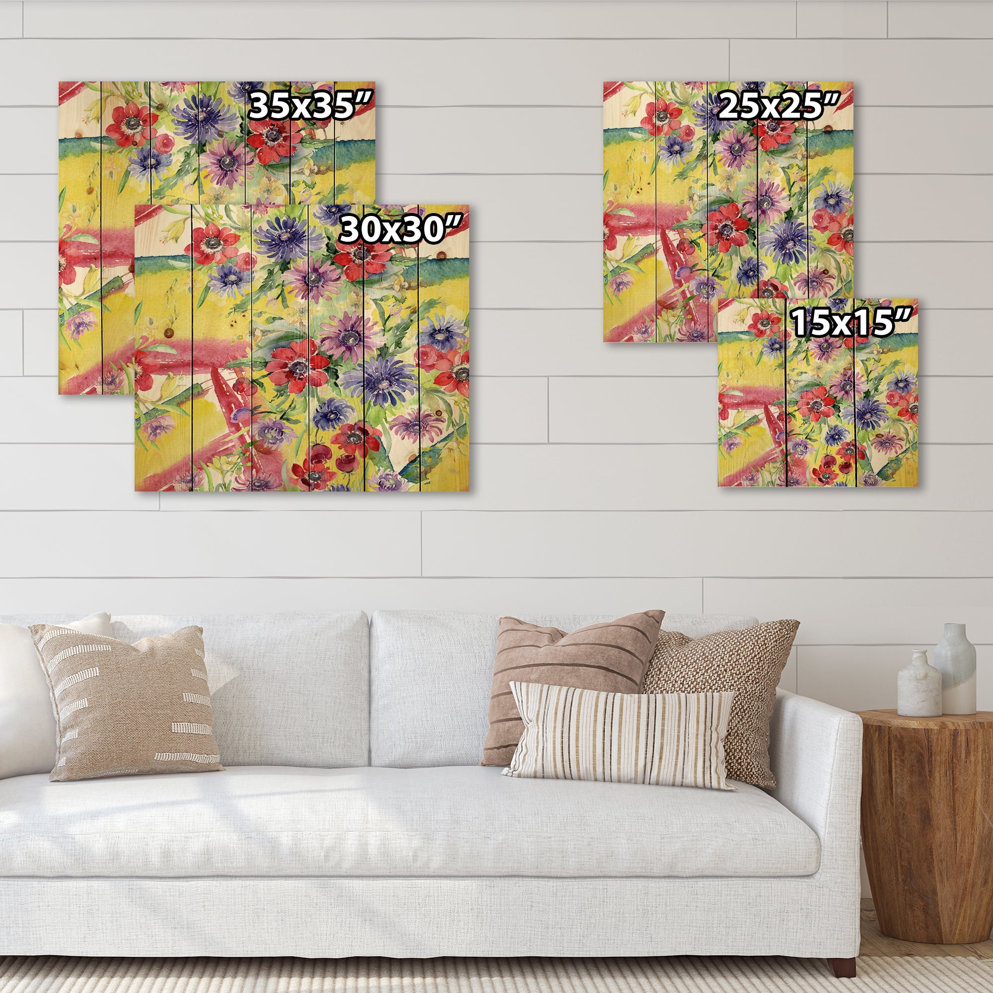 Designart 'Wildflowers and Vibrant Wild Spring Leaves V' Modern Print on Natural Pine Wood