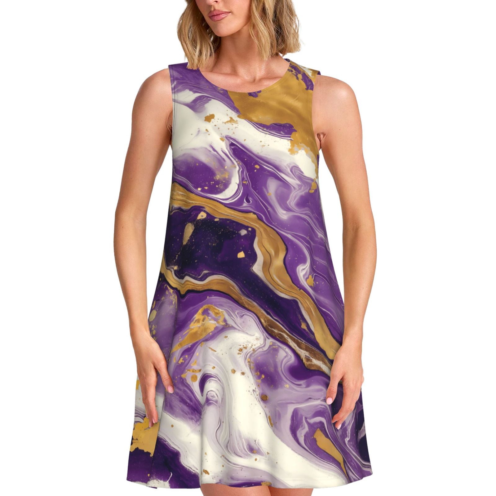 Vsdgher Purple Gold Marble Swirls Print Summer Dresses for Women Casual U  Neck Beach Dress Sleeveless Tank Loose Sundress with Pocket