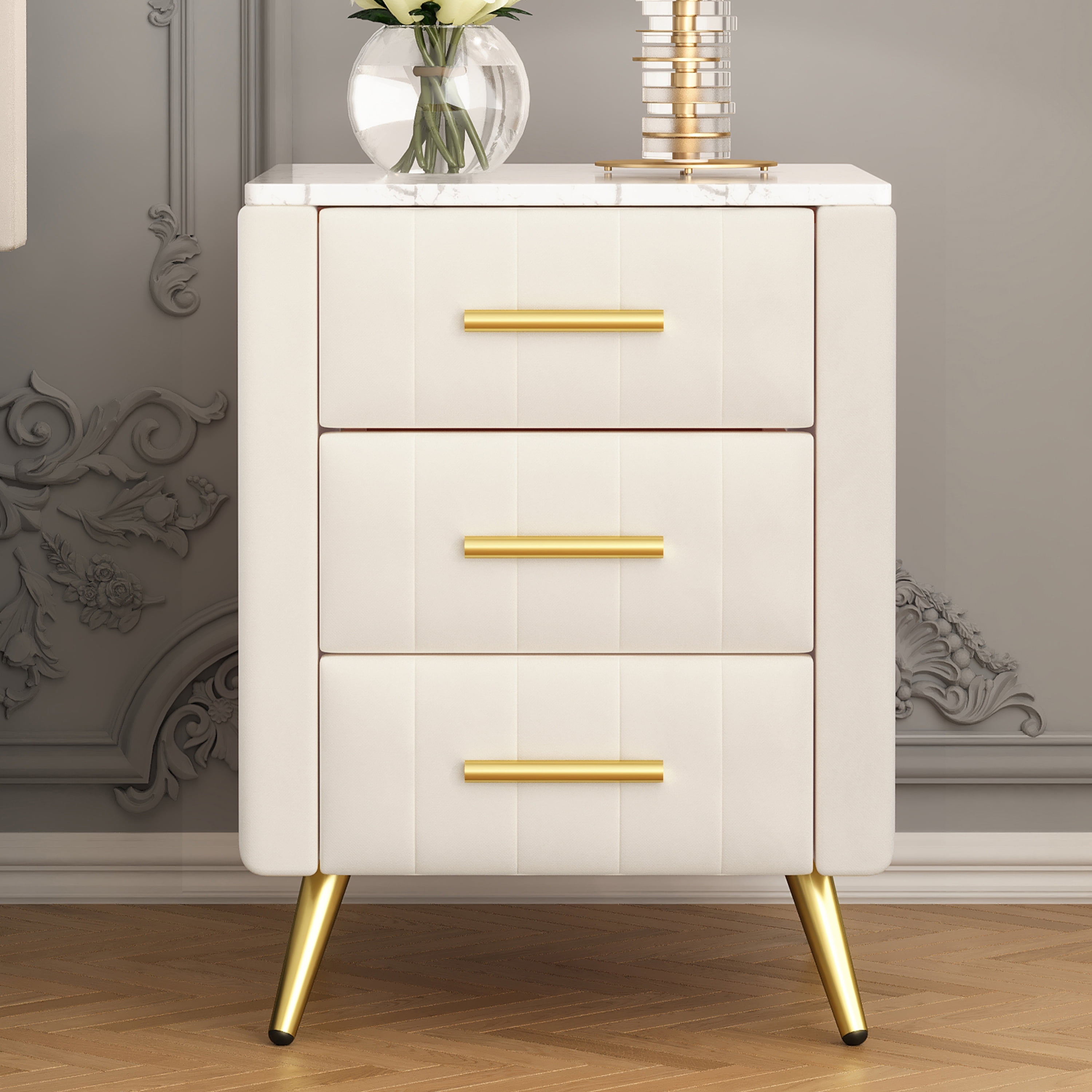 Velvet Upholstered Nightstand with 3 Drawers, Marble Effect Tabletop, Metal Legs & Handles, Plywood Bedside End Table for Bedroom Living Room Nursery, 16.3"×16.3"×21.8"