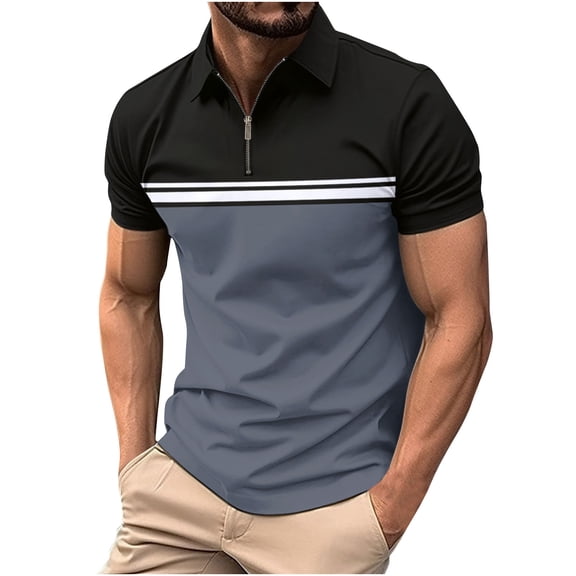 Golf Shirts for Men with Zipper Collared Short Sleeve T Shirt Mens Casual Color Block Pullover Breathable Lapel Athletic Workout Tees Tops