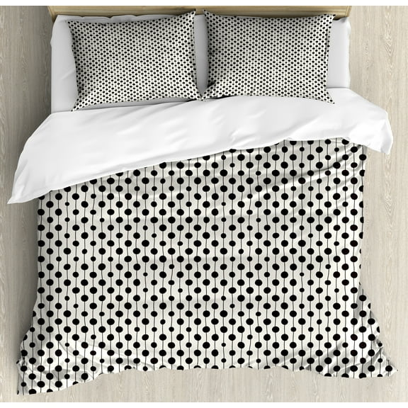 Abstract Duvet Cover Set, Hand Drawn Vertical Stripes and Circle Shaped Polka Dots in Row Grunge Art, Decorative 3 Piece Bedding Set with 2 Pillow Shams, Calking Size, Black and Ivory, by Ambesonne