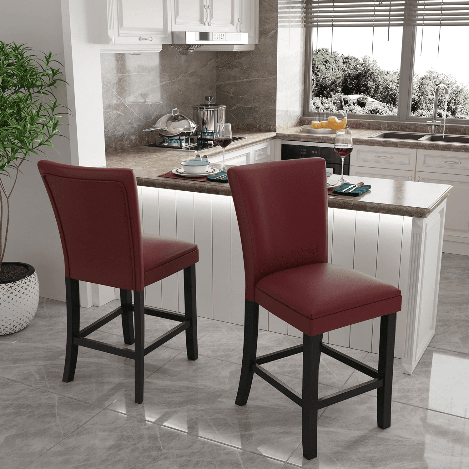 BAXMUY Set of 4 Counter Height Bar Stools, 25.6" Seat, Red, Solid Wood & Faux Leather Bar Chairs for Kitchen Island & Home Bar