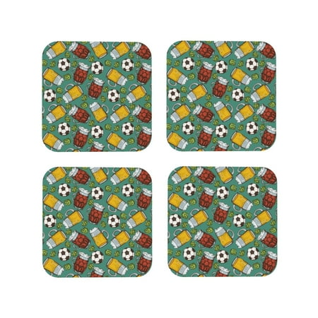 

Fuzoiu Beer And Soccer Print Leather Coasters Set Drink Coasters Set of 4 for Tabletop Protection Durable PVC Coasters Home Décor and Housewarming Gift-Square
