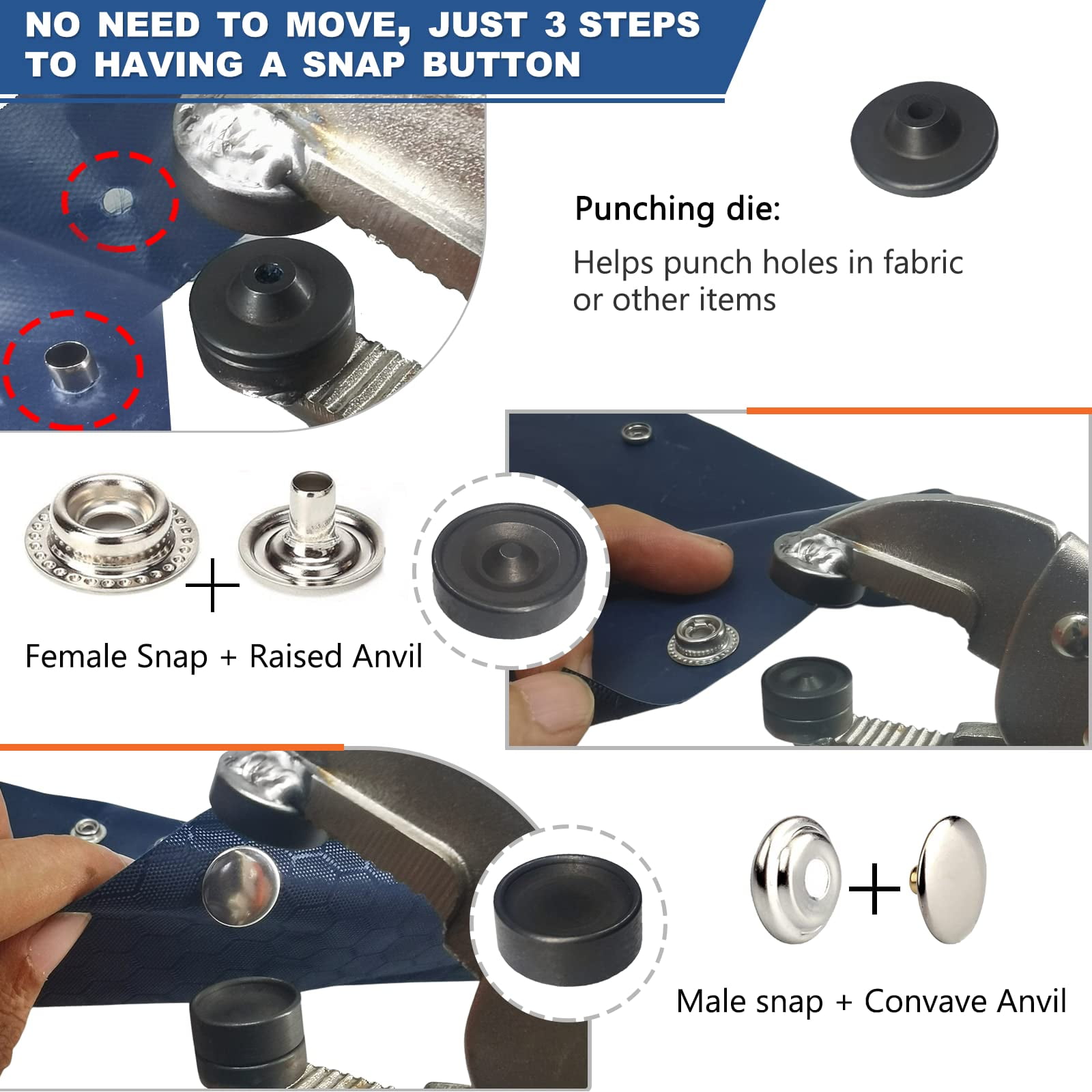 Antelat Heavy Duty Snap Fastener Tool Adjustable Snap Setter Tool Includes 20 Sets 15mm Snaps for Boat Cover, Replacing Metal Snaps, Repairing Boat Covers, Canvas, Sewing, Tarps orange
