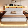thumbnail image 3 of Honfach King Size Bed Frame with 2-Tier Storage Velvet Fabric Upholstered Headboard, Wooden Platform Bed Frame w/Charging Station & LED Lights,Walnut, 3 of 9