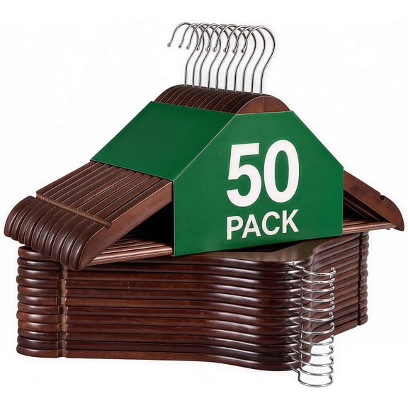 50 Pack Wooden Hangers Brown Suit Hangers with 360 Degree Swivel Hook Anti Slip Notches for Closet Storage
