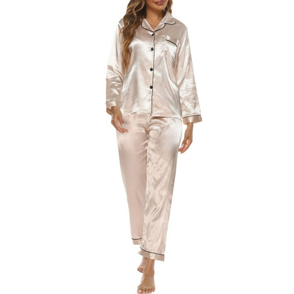 Kureaily Women's Satin Pajama Set Long Sleeve Button Down Sleepwear 2-Piece Silky Pj Set