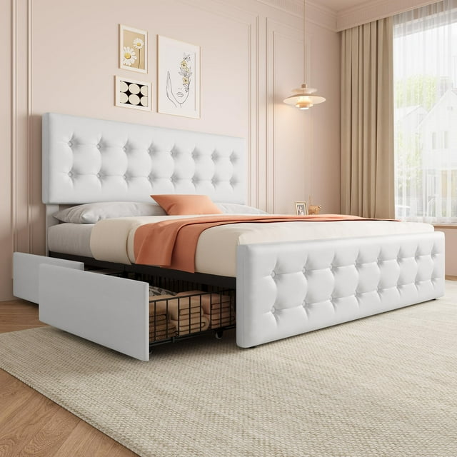 Cadre de Lit avec 4 Tiroirs de Rangement et Tête de Lit Réglable, Base de Matelas Rembourrée en Lin Doux pour la Peau, Aucun Sommier Requis